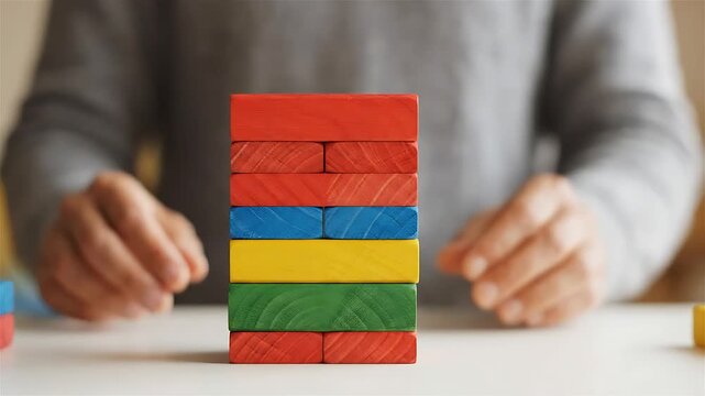 Wooden Blocks Stacking Animation with Hands Building a Colorful Tower. Slow Motion Construction Footage for Education.