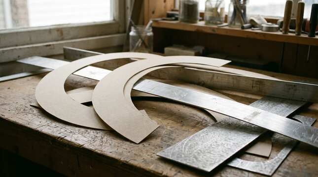 Curved cardboard templates and brushed metal bars intersect on a wooden workshop workbench. Concept of arcs, craft, carpentry.