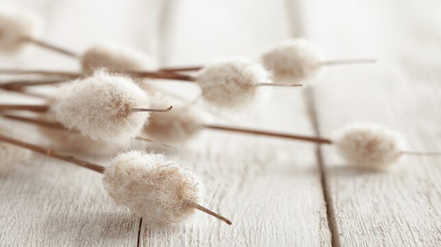 Fluffy cattail flower close-up on white wood surface, abstract view.
