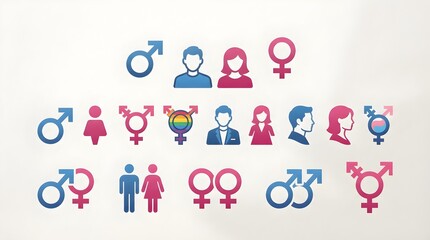 Fototapeta premium Gender identity and equality icon set with male, female, transgender, nonbinary, people avatars, couples, inclusive symbols, pink blue signs, and social diversity graphics for awareness campaigns arts