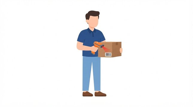 Warehouse Worker Scanning Package Barcode with Scanner Illustration