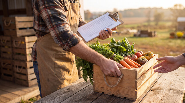 Farm stand volunteer checks a customer's name off a pickup list for a CSA produce crate