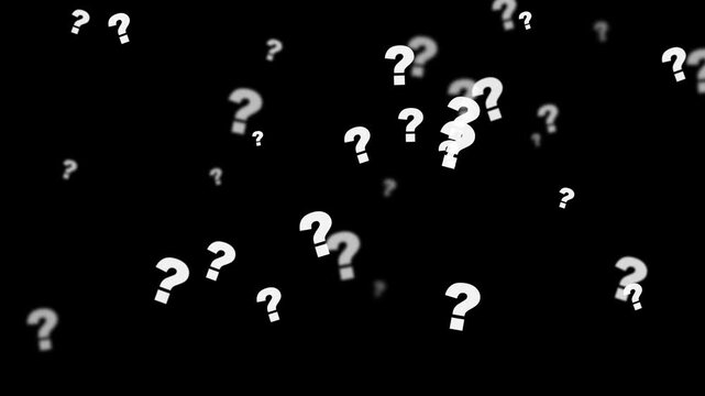 Dynamic floating question marks moving in 3D depth space with blur decay on dark background.