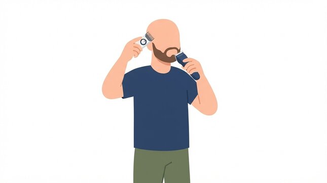 Hair Clipper Used by Bald Man for Beard Trimming Vector Graphic