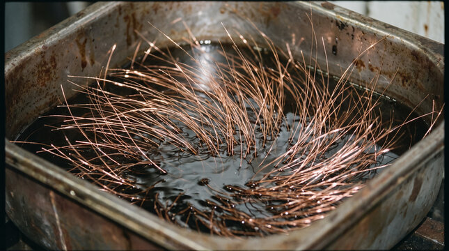Thin Copper Wires Submerged in Chemical Solution Bath in Workshop Container. Concept of floating, metallic, threads, dark, reflective, surface, metal threads, electroplating.