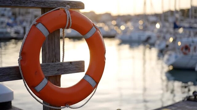 Life Rings Gently Rotating on a Wooden Pier with Boats and a Sunset in the Background. Soft Focus and Warm Lighting.
