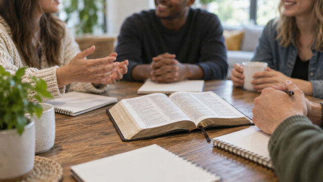 Diverse group of friends studying bible together at wooden table. Open holy book with notebooks and coffee cups in cozy home setting.