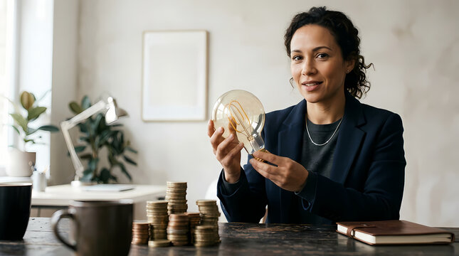 Businesswoman Holding Light Bulb Idea With Stacks of Coins in Office