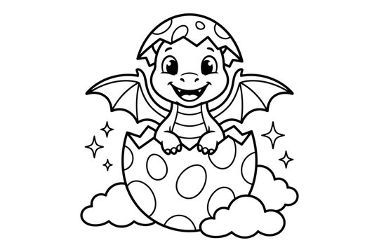 Cute baby dragon hatching from a spotted egg with magical sparkles and clouds for a coloring page