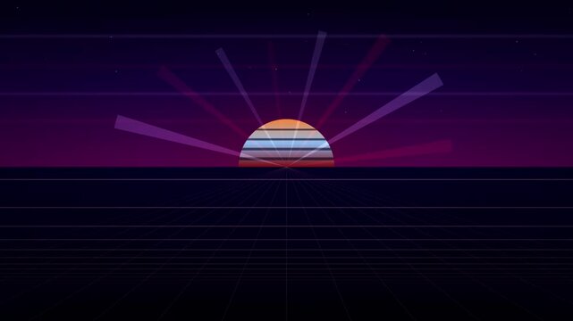 The sun sets behind a geometric grid landscape in an eighties inspired style.
