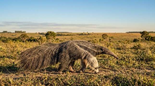 Giant anteater walking in Brazilian savanna habitat