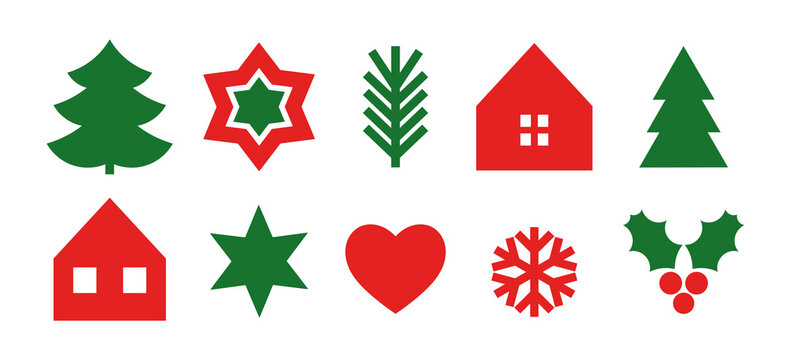 Christmas elements icons. Red and green holiday cute symbols. Christmas trees, houses, stars, holly berries and snowflake. PNG illustration.