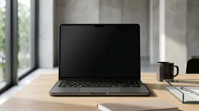 Modern Laptop Computer on Wooden Office Desk with Blank Screen