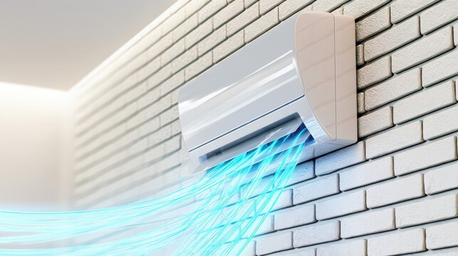 Modern wall-mounted air conditioning unit emitting cold air stream against brick wall interior