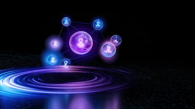 Abstract digital illustration of interconnected glowing nodes orbiting a central core in futuristic space design
