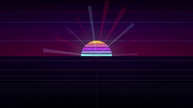 Retro synthwave sunset rising above a digital grid horizon with glowing colored rays.