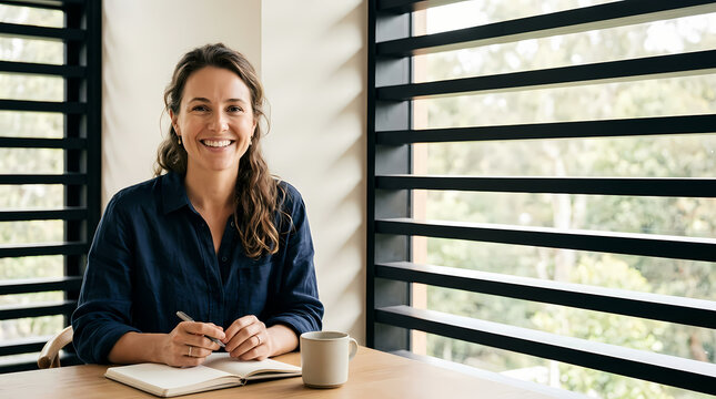 Smiling Business Woman Working With Notebook and Coffee by Window