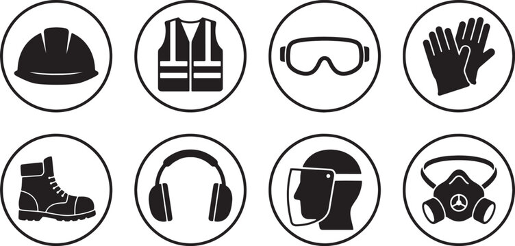 Set of eight essential personal protective equipment icons for industrial construction and workplace safety compliance and health regulations