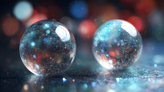 two transparent chemical droplets merging on a reflective surface, intricate fluid boundaries, colorful highlights, surface tension details, macro photography
