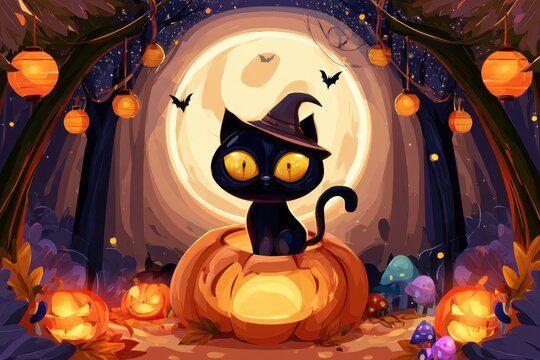 Black cat in witch costume sitting on pumpkin during halloween celebration with glowing jack-o-lanterns