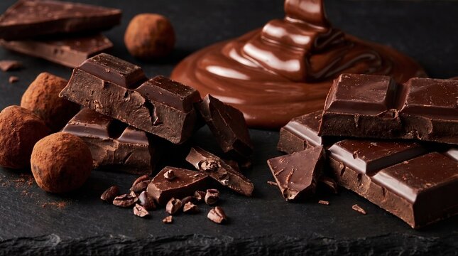 Assortment of dark chocolate bars, truffles and melted chocolate on a dark slate background
