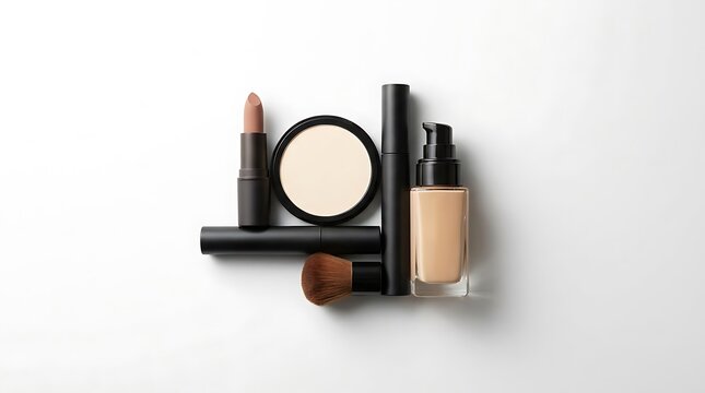 Set of various makeup products including lipstick and liquid foundation with a soft powder compact case. makeup combo offers