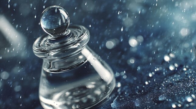 droplets colliding inside a transparent chamber, tiny particles scattering outward, dramatic dark background, energetic reaction concept
