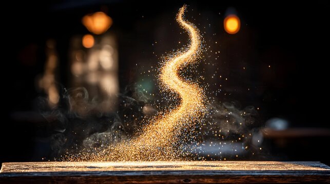 spiraling upward from glassware, illuminated particles suspended within translucent mist, dramatic laboratory lighting, cinematic science composition