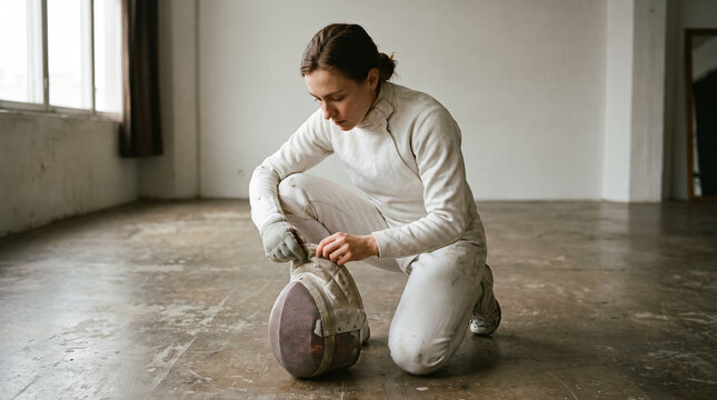 Fencer in white uniform kneeling with protective mask in training hall. Concept of adjusts, athlete, sport, fencing, fencing mask, female athlete. Copy space.