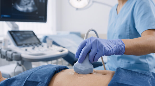 medical photo of a sonographer performing an ultrasound examination, close-up of gloved hand moving an ultrasound transducer across the patient&rsquo;s abdomen, commercial healthcare