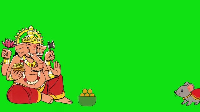 Animated Lord Ganesha with mouse and modak on green screen background