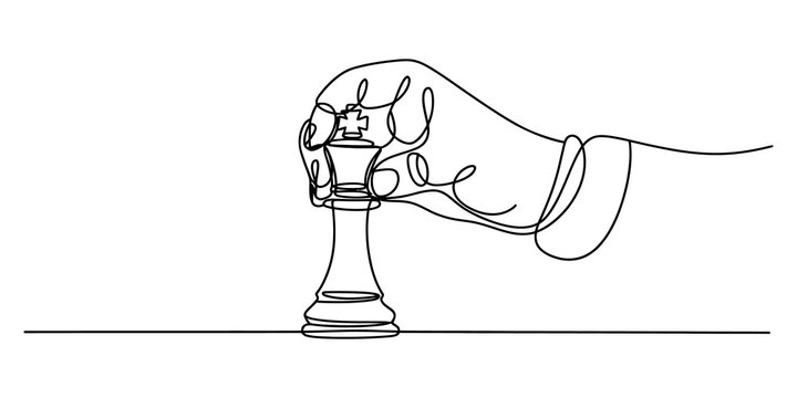 Hand moving a chess king piece in a simple continuous one line drawing style