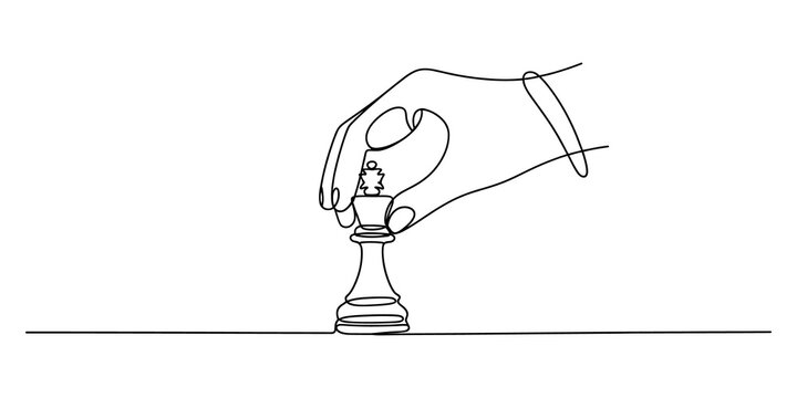 Hand moving a chess king piece in a simple continuous one line drawing style