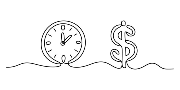 Continuous line drawing of a clock and a dollar sign symbol