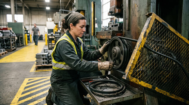 Female machine operator replacing worn drive belt on factory equipment with safety guard open. Concept of replaces, industrial maintenance, factory worker, machine repair.