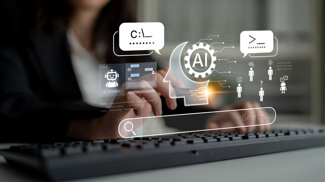 AI assistant prompt input system processes tasks with logic, data, automation, support tools and intelligent engine platform. AI search engine with generative chatbot and digital technology. Corpus