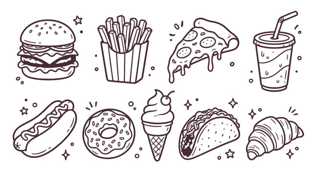 Set of cute hand drawn fast food icons featuring burger fries pizza soda hotdog donut ice cream taco and croissant