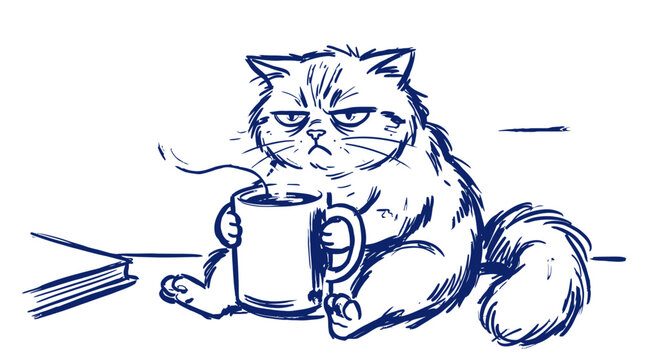 Grumpy cat holding a hot steaming mug of coffee or tea sitting at a desk feeling tired and sleepy in blue sketch style