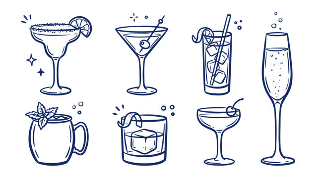Hand drawn set of various classic cocktail drinks and refreshing alcoholic beverages in sketch style illustration