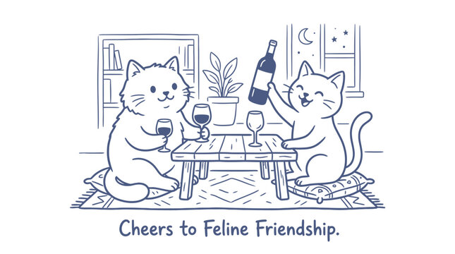Two cute cats sitting at a table having a glass of red wine and celebrating their friendship in a cozy home room