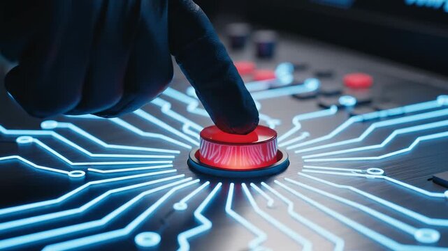 Finger pressing a glowing red button on a circuit board with blue light trails during a technological activation sequence