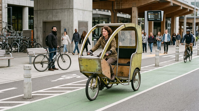 Woman Riding Cargo Tricycle Along Green Urban Bike Lane Near Transit Hub. Concept of pedal, pod, pedicab, rickshaw, urban cycling, commuter, green transport.