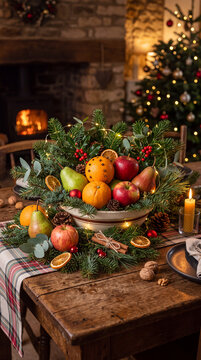 Festive winter centerpiece bowl filled with fresh fruits and pine branches