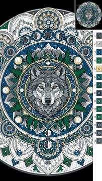 paint by number.  Wolf Mandala Color by Number Activity Sheet for Creative Art Therapy