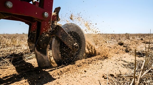 Agricultural seeder machine planting seeds in dry soil field with agricultural equipment farming field crop planting agricultural technology farm machinery cultivation process soil surface