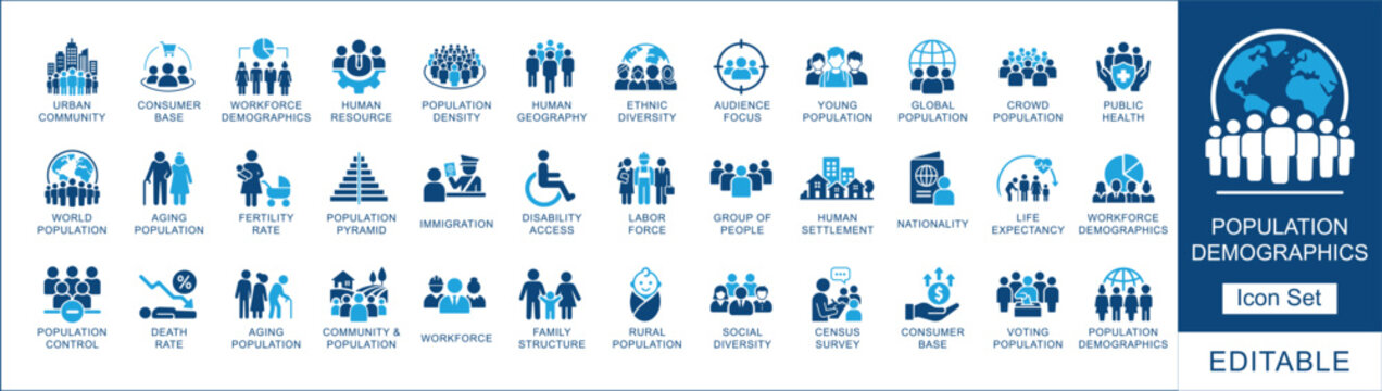 Population demographics icon set featuring icons for human geography, census survey, ethnic diversity, workforce, public health, and social data.