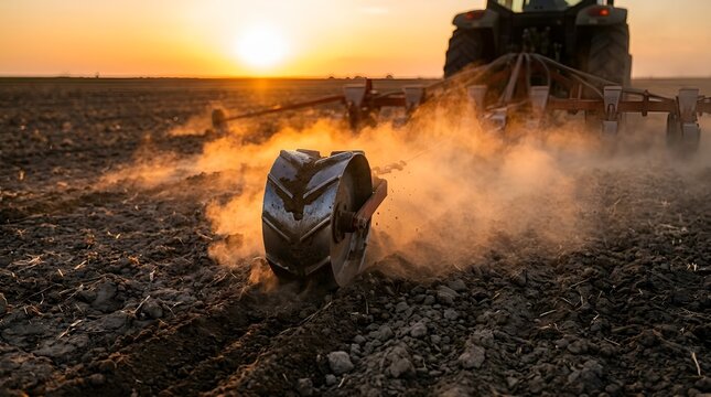 Tractor rototiller working on agricultural field at sunset with agricultural machinery tilling soil farming equipment plowing field soil preparation farm work tractor attachment spring planting