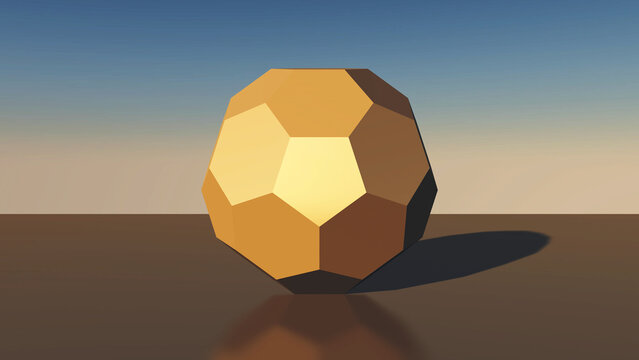 Stylized 3D golden soccer ball with geometric panels, dramatic lighting and long shadow on a minimal background.