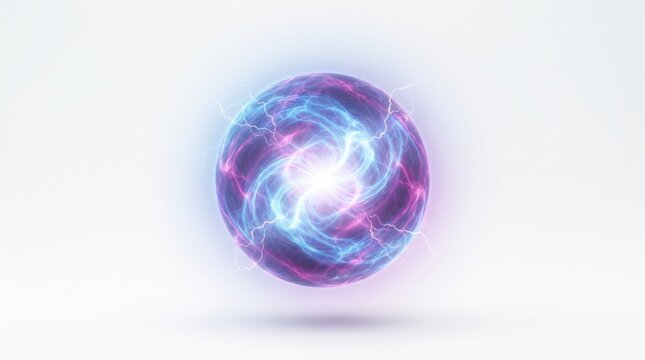 Glowing purple and blue energy ball with electric sparks and light rays shining in a dark mysterious space
