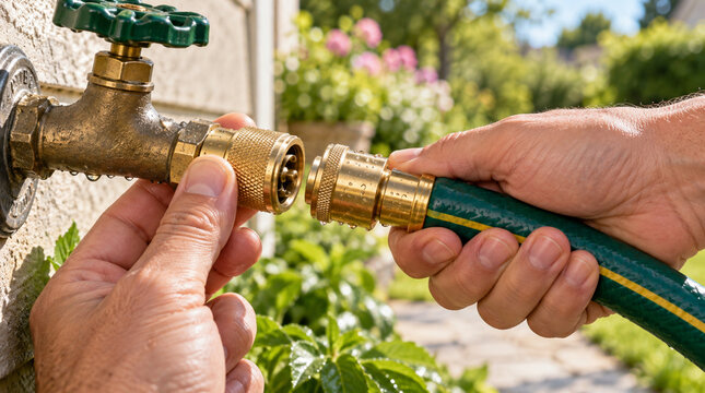 Mano conectando manguera mediante acople r&aacute;pido de jard&iacute;n